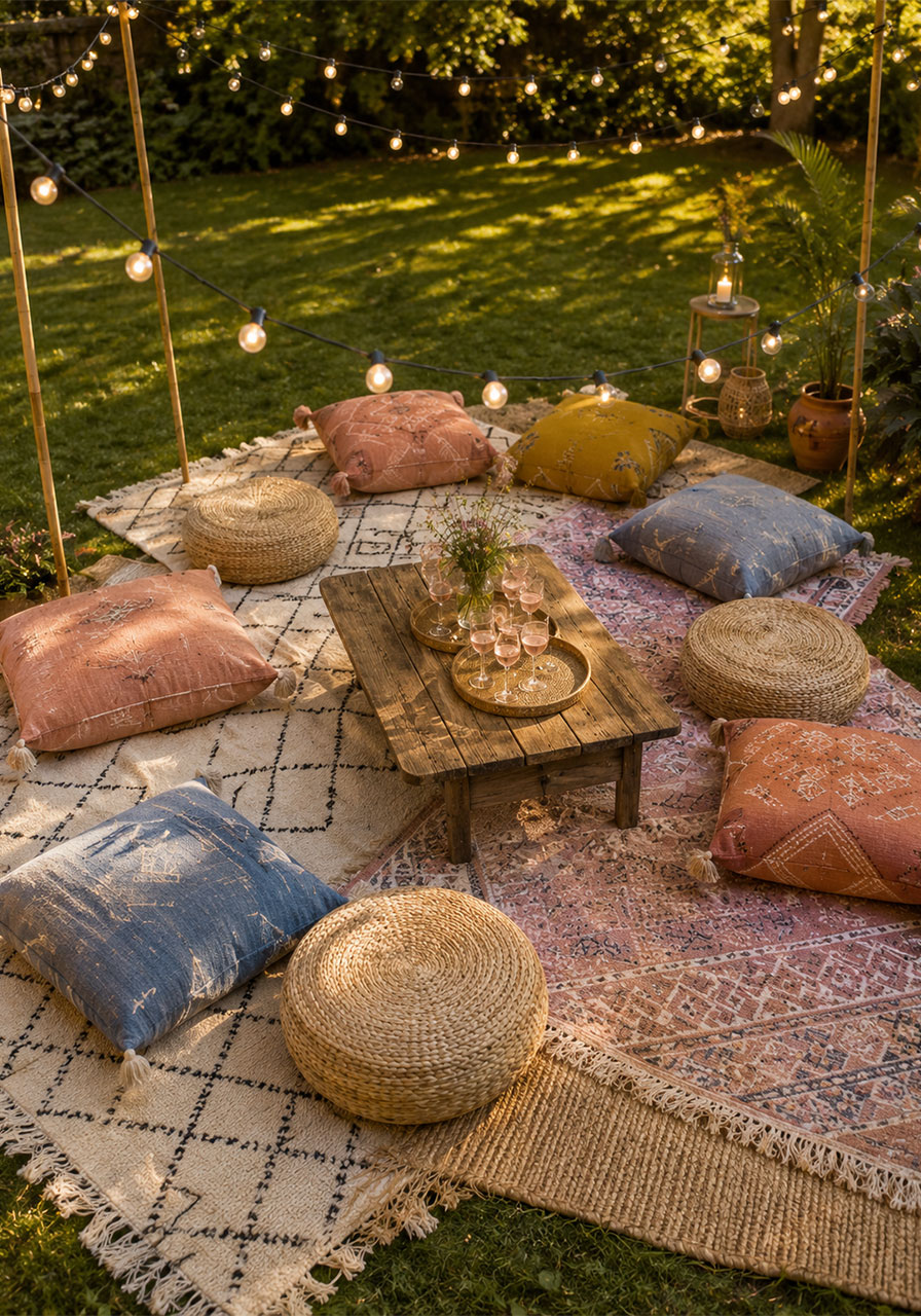 Boho outdoor summer party seating with layered rugs, floor cushions and poufs on green lawn