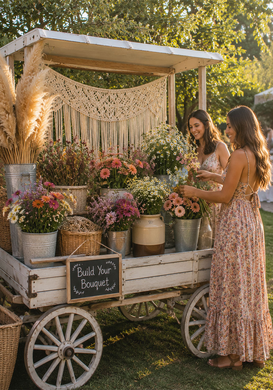 Elegant minimalist bridal shower flower bar with single variety white roses peonies eucalyptus and ranunculus in glass Boho vintage wagon flower bar for bridal shower with wildflower blooms macramé and pampas grass outdoors in golden lightylinder vases