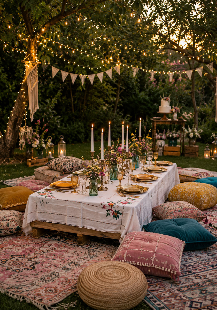 Boho garden party with layered rugs, floor cushions, candles and fairy lights for summer entertaining
