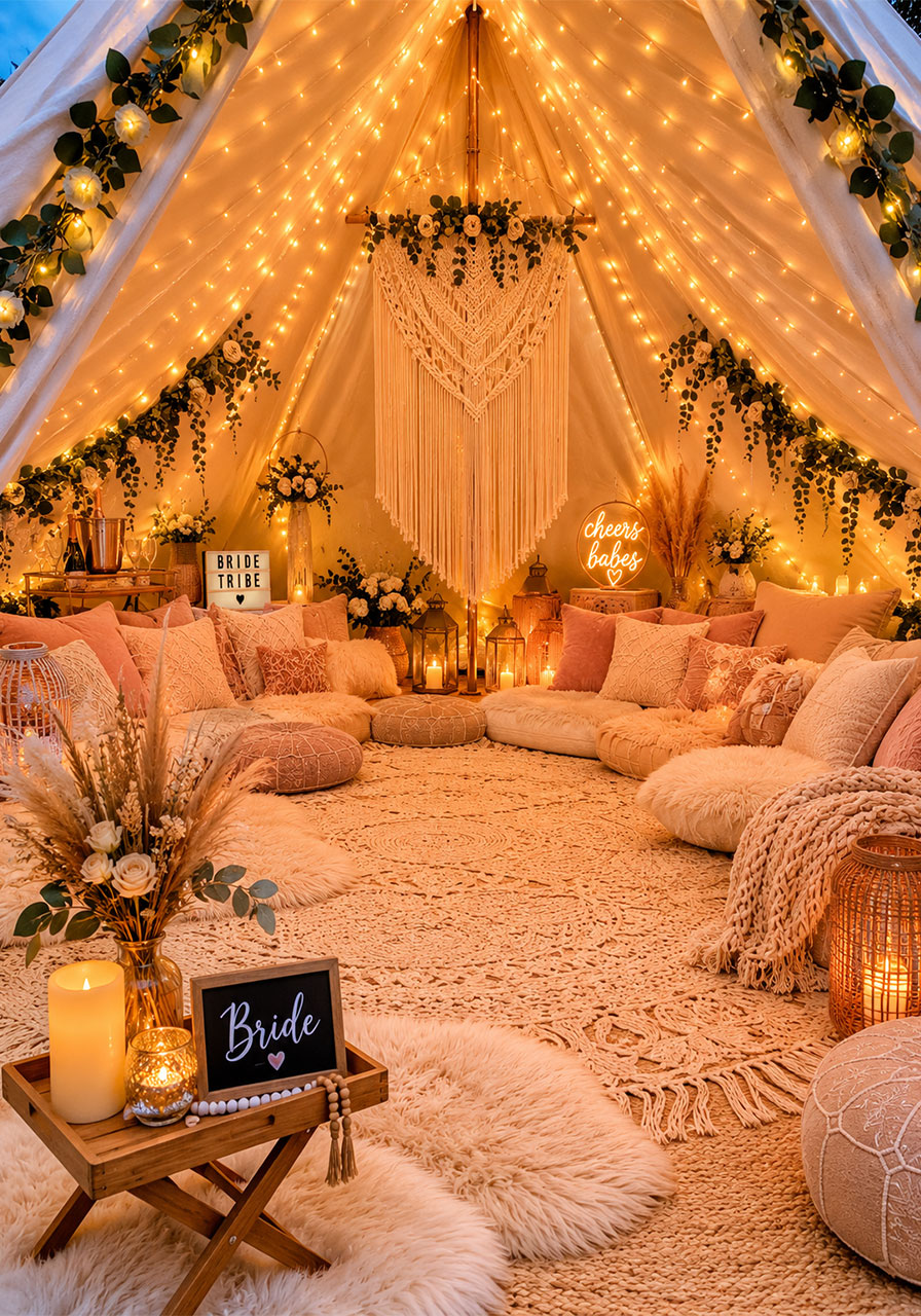 Boho glam glamping tent interior decorated with fairy lights, macramé wall hanging, floral garlands and plush pillows for bachelorette party