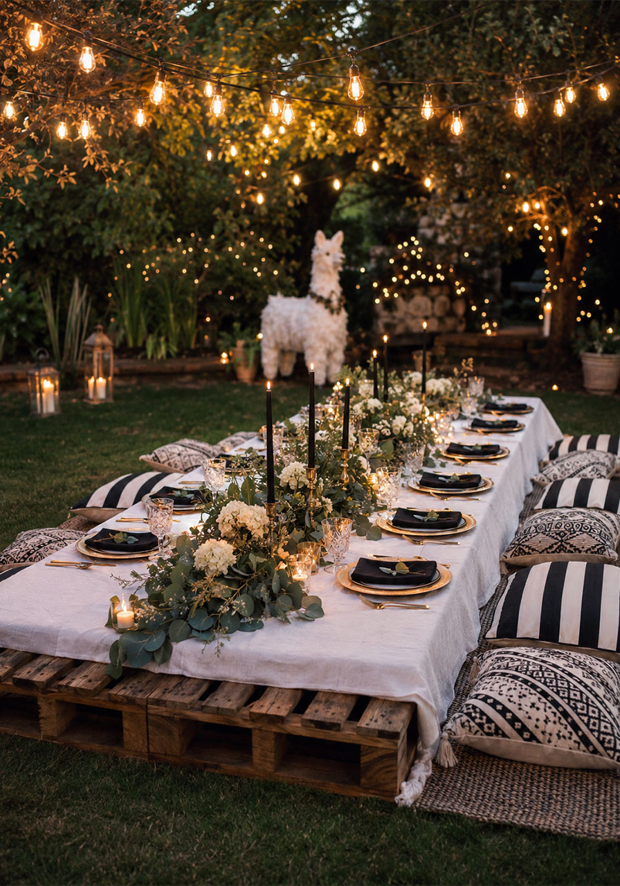 Bohemian ground-level outdoor dining party setup with pallet table, floor cushions and candles