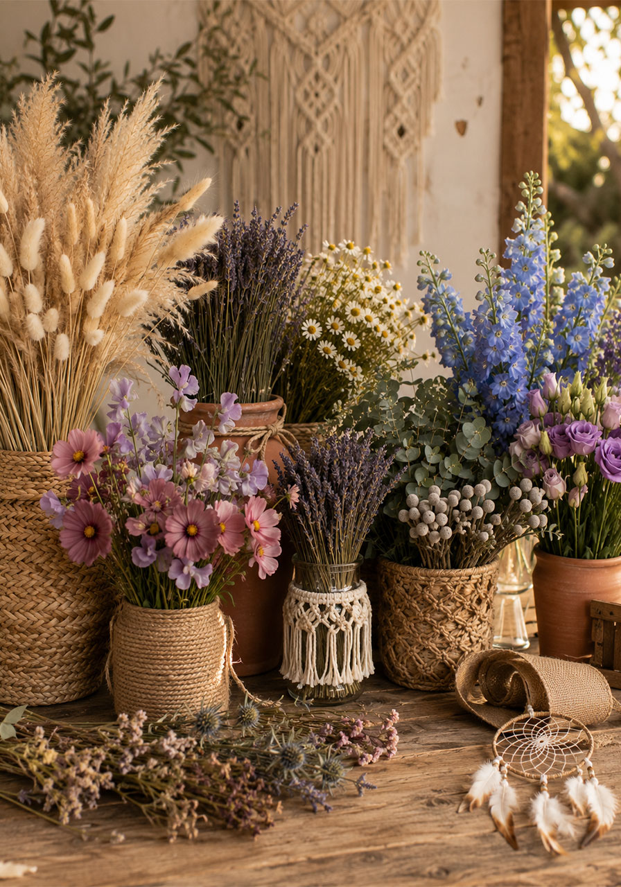 Boho wildflower bridal shower flower bar with pampas grass dried lavender mauve cosmos and dusty blue delphinium in mismatched vessels