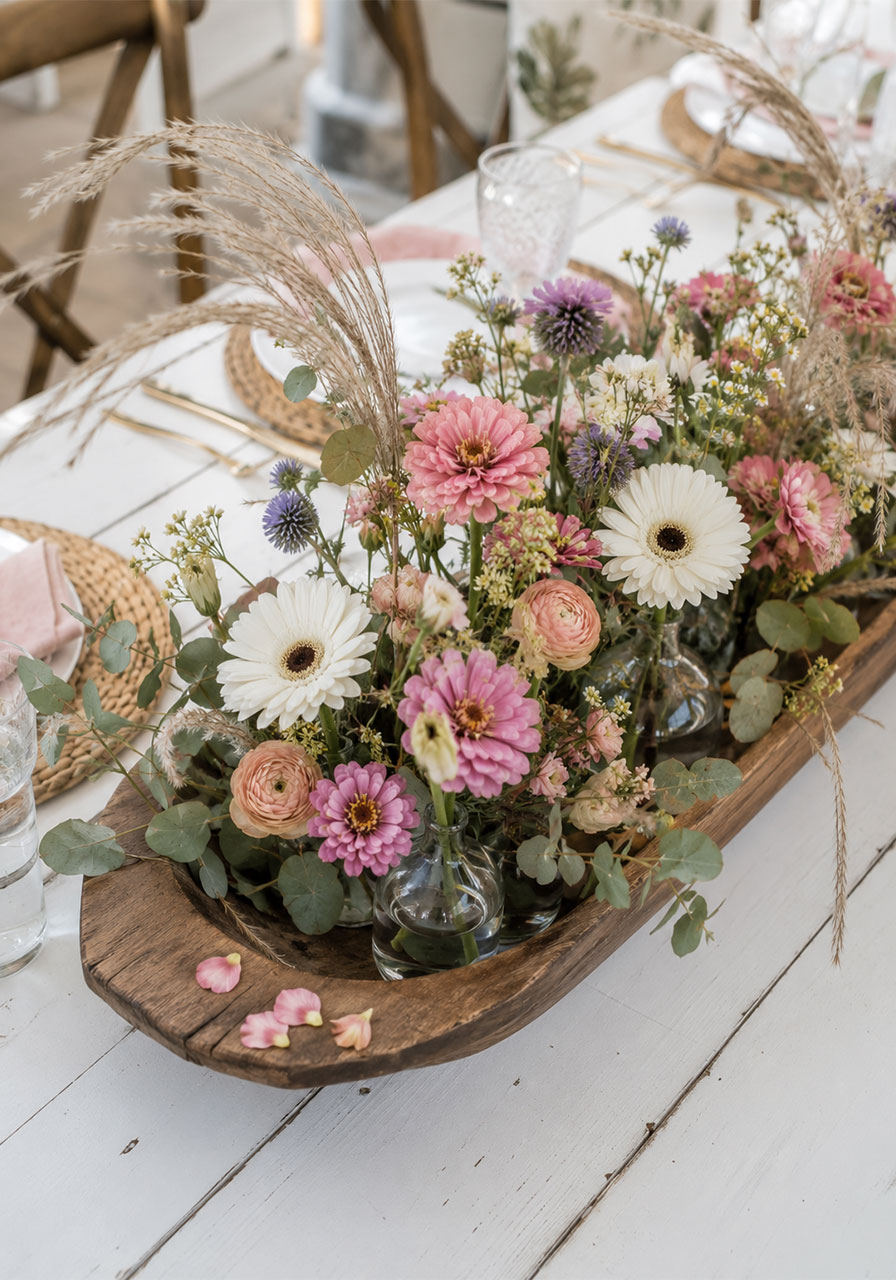 Rustic wooden dough bowl tray filled with wildflowers and wispy pampas grass as a boho bridal shower table centerpiece