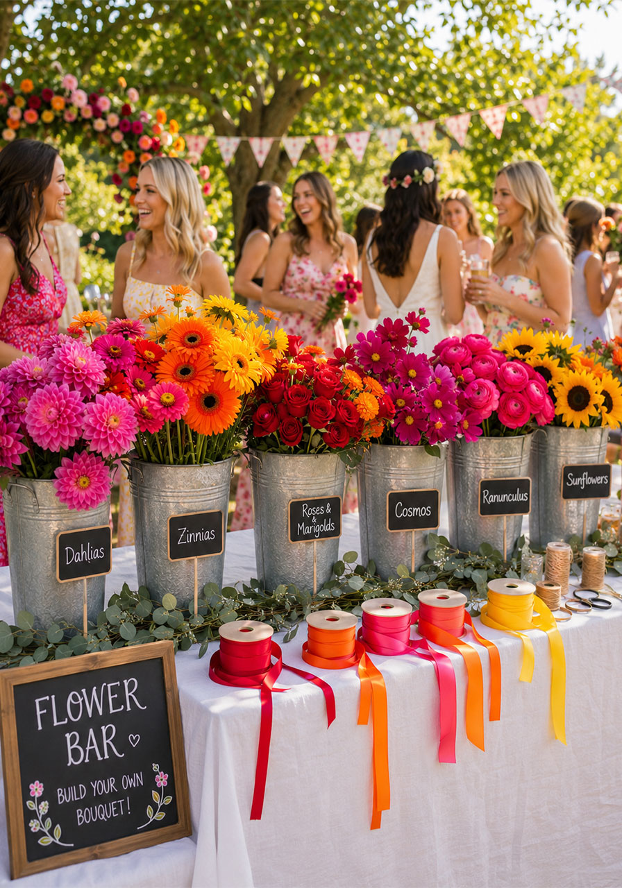 Bold and colorful bridal shower flower bar with hot pink dahlias orange gerbera daisies and fuchsia cosmos in galvanized buckets