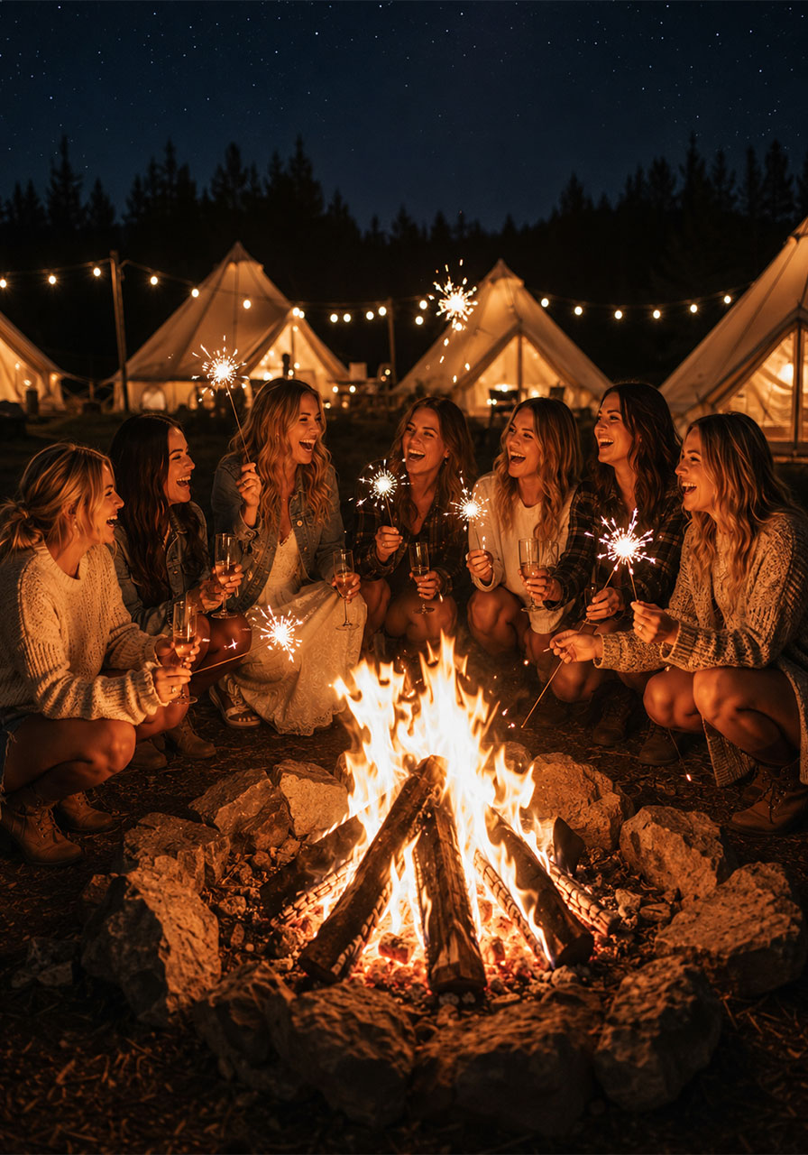 Group of women holding sparklers and champagne around roaring campfire at night during bonfire send-off at camp bachelorette glamping party