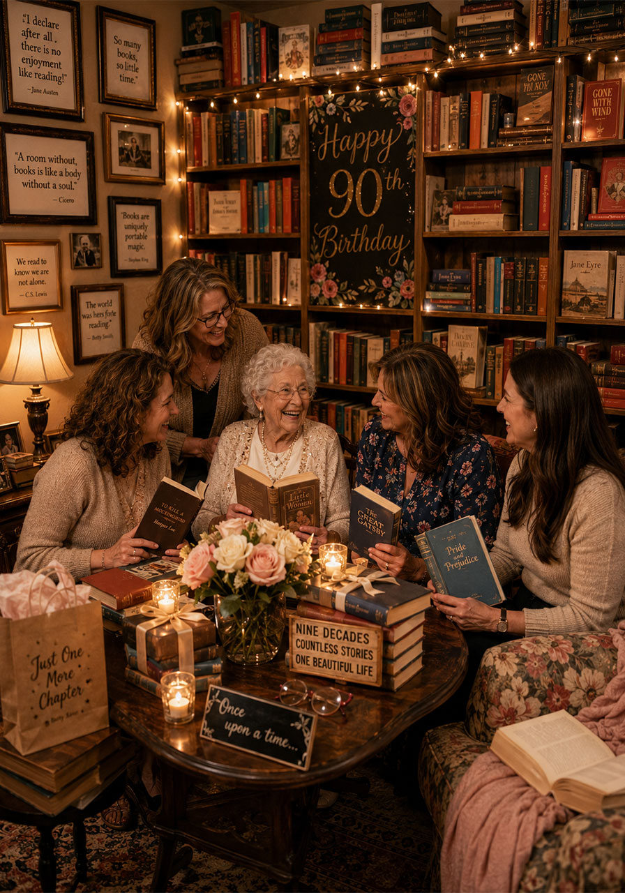 Book lover's 90th birthday party with stacked book centerpieces, literary quote wall art, and cozy reading nook