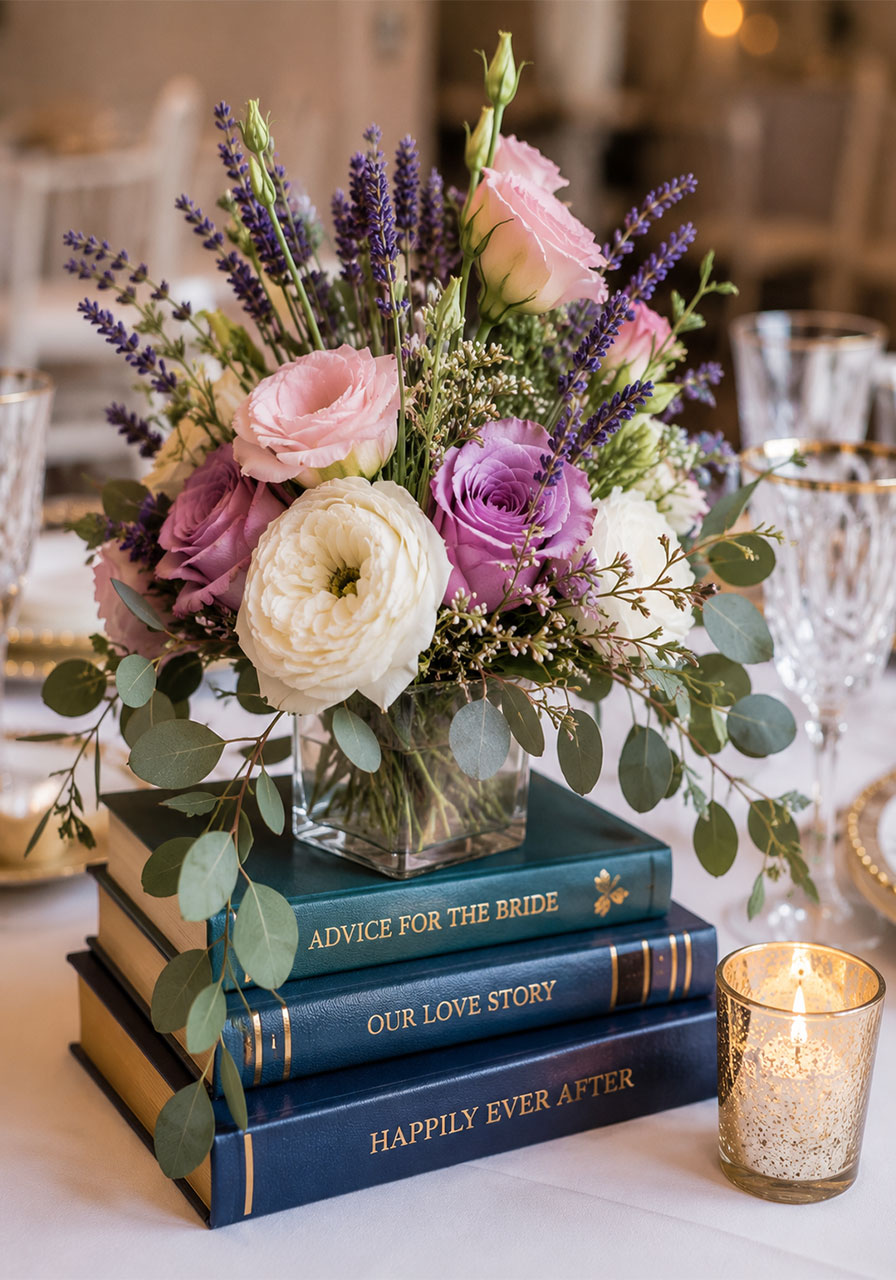 Elegant bridal shower centerpiece with stacked navy books topped with a lavender and white rose floral arrangement