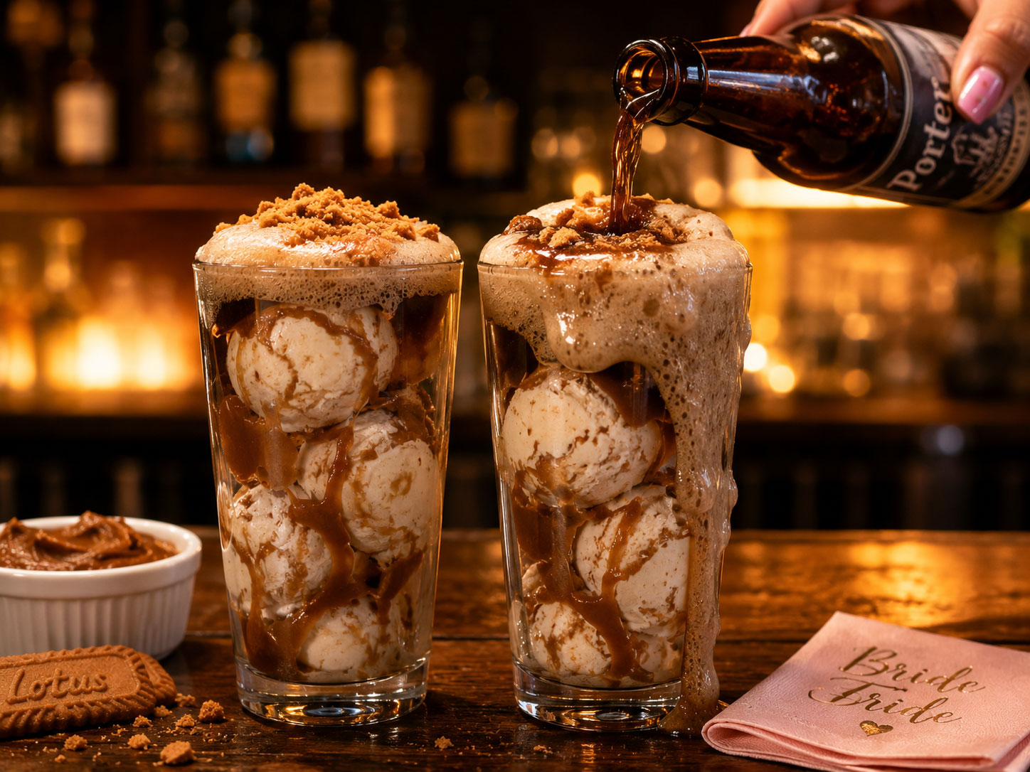 Boozy Biscoff beer floats with cookie butter ice cream and chocolate Porter beer being poured into pint glasses, creating a foamy overflow, on a wooden bar surface