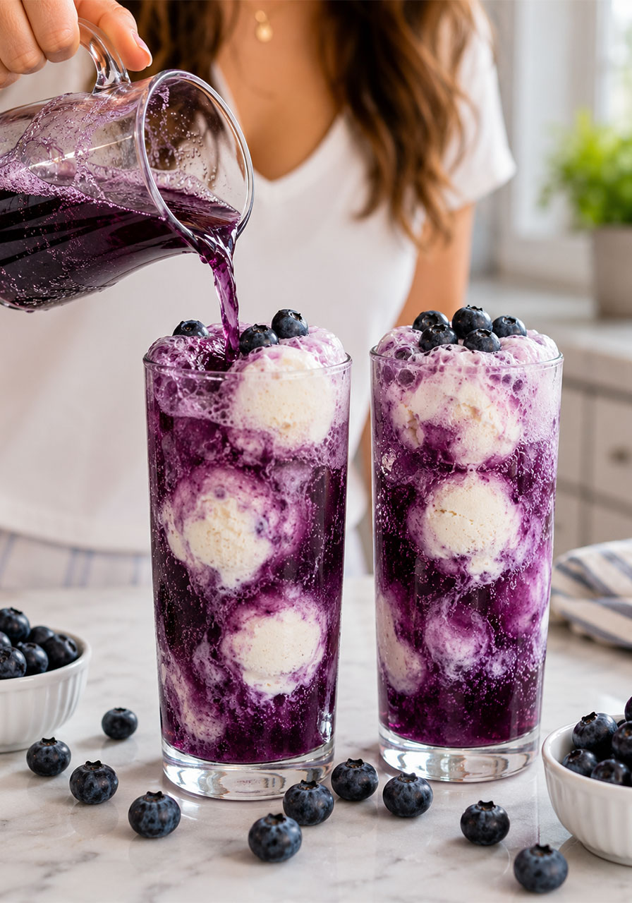 Boozy blueberry vodka floats with vanilla ice cream in tall glasses, showing a vivid purple gradient being poured, garnished with fresh blueberries on top