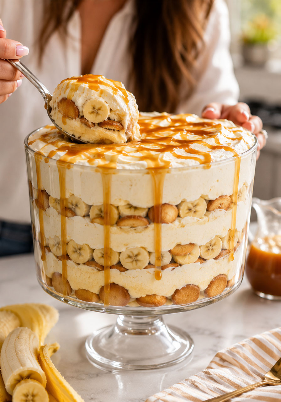 Bourbon banana pudding in a clear glass trifle dish showing layers of Nilla wafers, banana slices, and creamy pudding, drizzled with golden caramel sauce on top