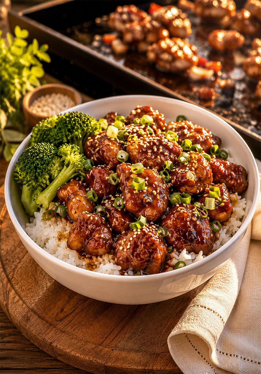 Blackstone bourbon chicken served over steamed jasmine rice with broccoli, green onions, and sesame seeds in a white bowl