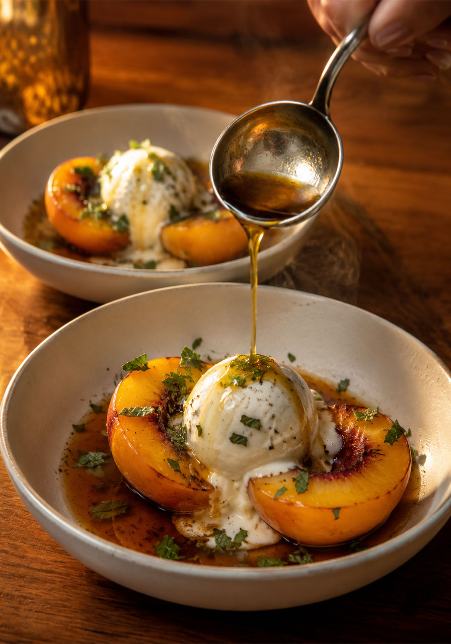 Bourbon-poached peaches in white bowls with vanilla ice cream and amber bourbon reduction sauce being drizzled over the top, garnished with fresh mint