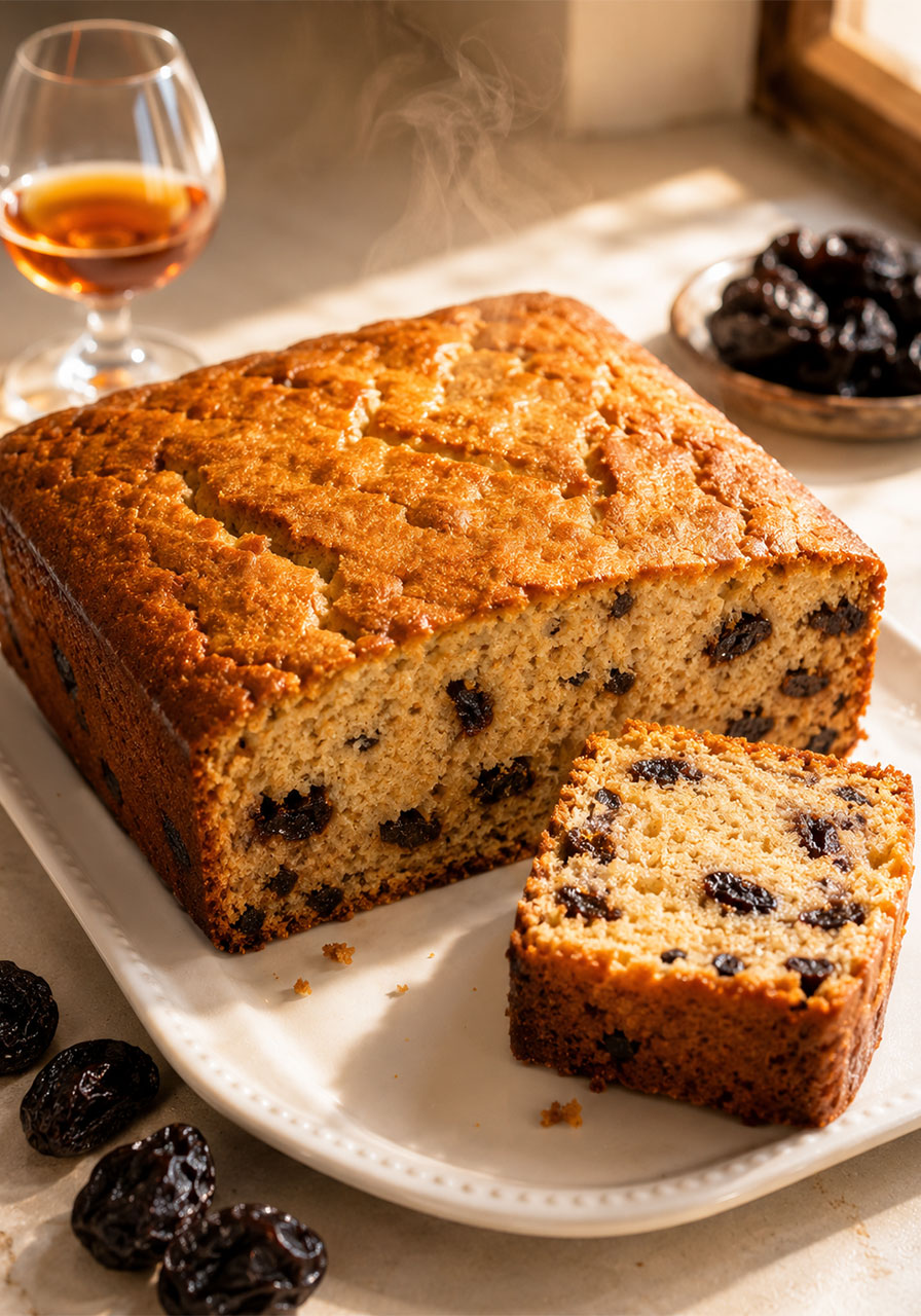 Golden brandy butter cake with prunes sliced open on a white plate, showing the moist interior with dark prune pieces, with a small glass of brandy in the background