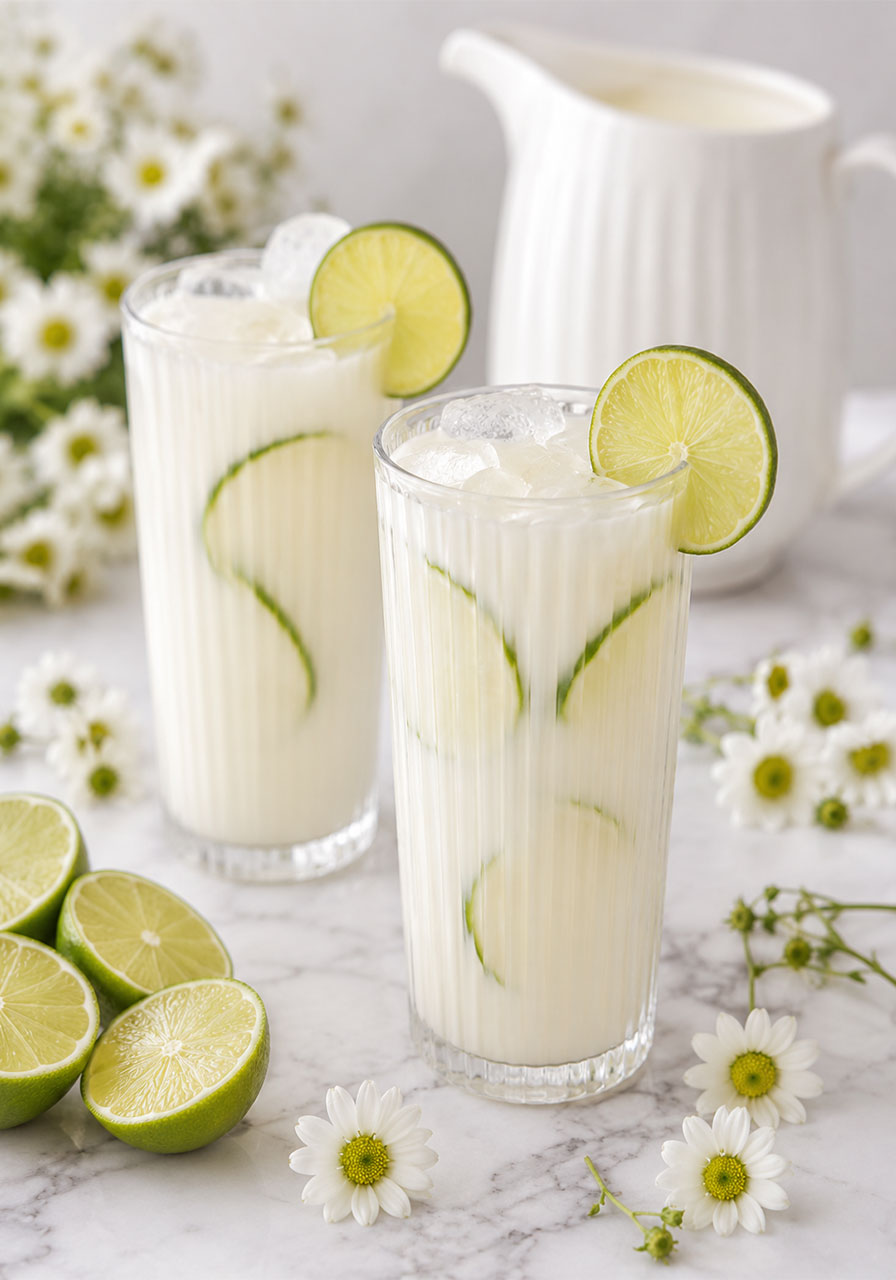 Creamy white Brazilian limeade mocktail in ribbed glasses garnished with lime wedges for a bridal shower drink