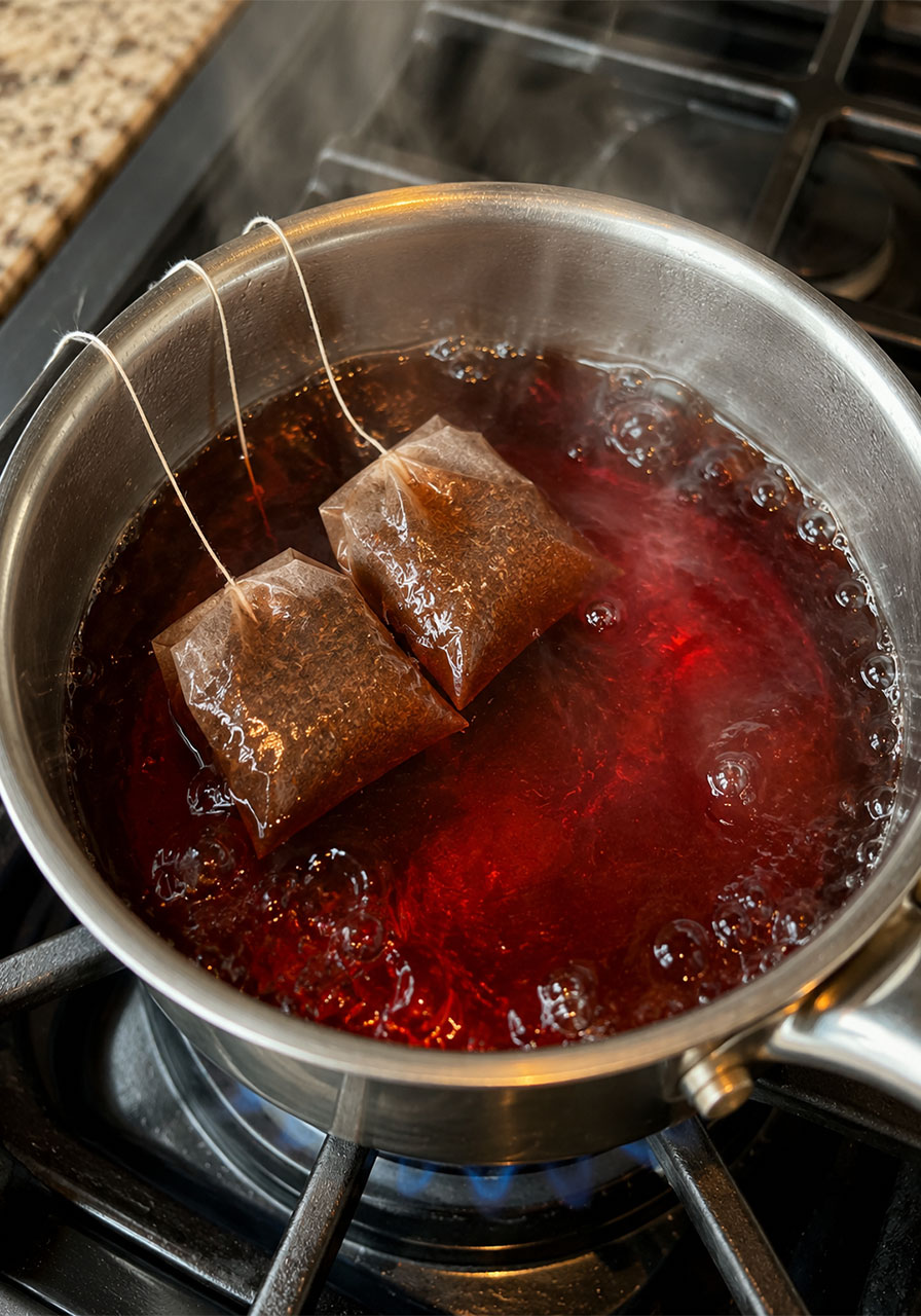 Black tea bags steeping in boiling water in a saucepan on stovetop for apple cinnamon iced tea