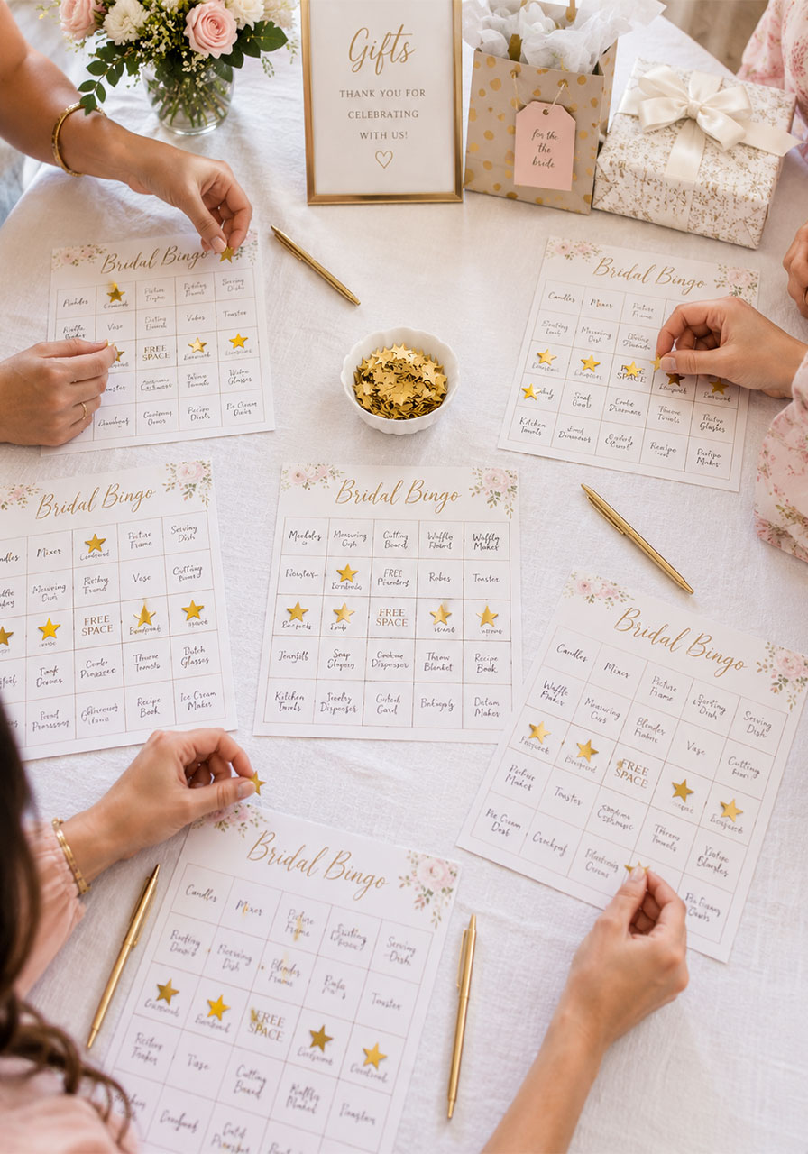 Bridal Bingo cards with gold star markers during gift-opening game at bridal shower