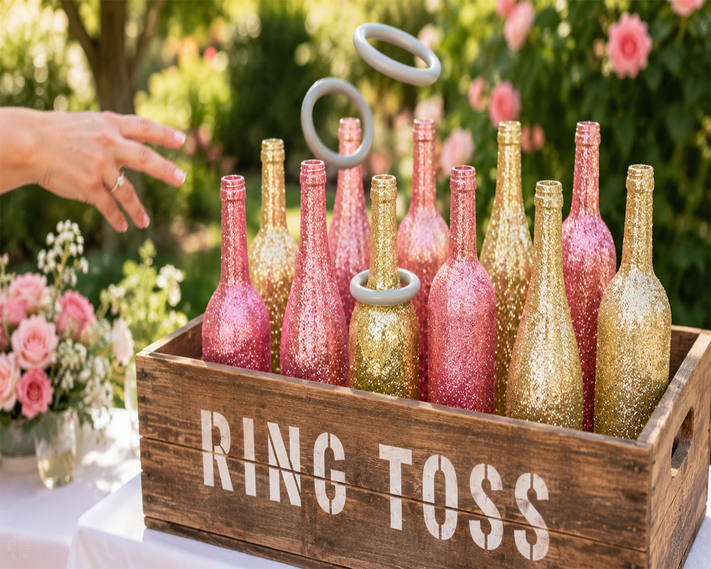Pink and gold glitter wine bottles in a wooden ring toss crate at a bridal shower — bling ring toss game setup