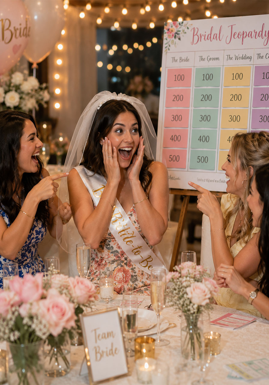 A bride-to-be laughing and reacting with surprise during the Bride category of Bridal Jeopardy at her bridal shower