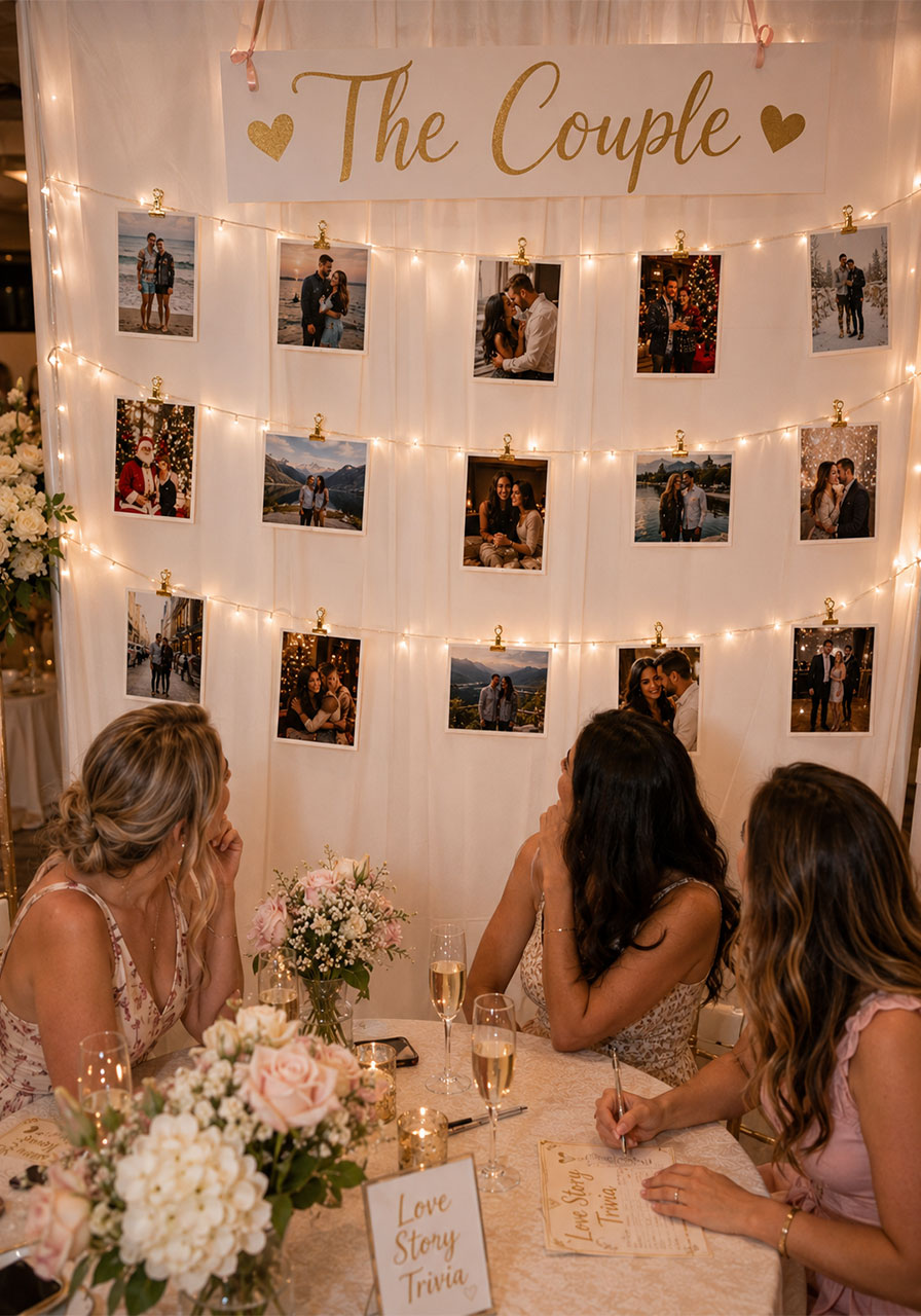 A bridal shower love story photo wall display used for the Couple category of Bridal Jeopardy trivia questions