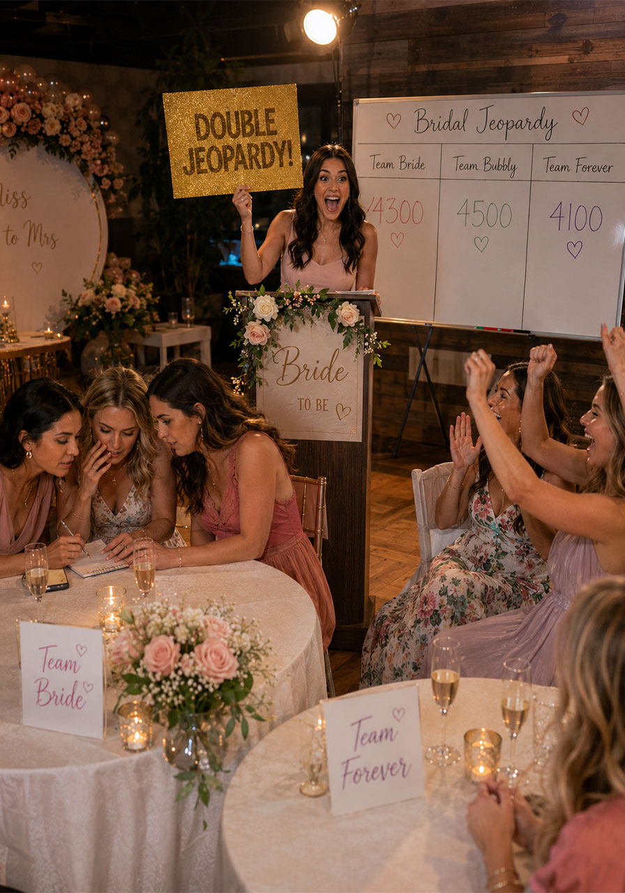 A bridesmaid host dramatically reveals the Double Jeopardy card while teams huddle to decide their wager at a bridal shower Jeopardy game