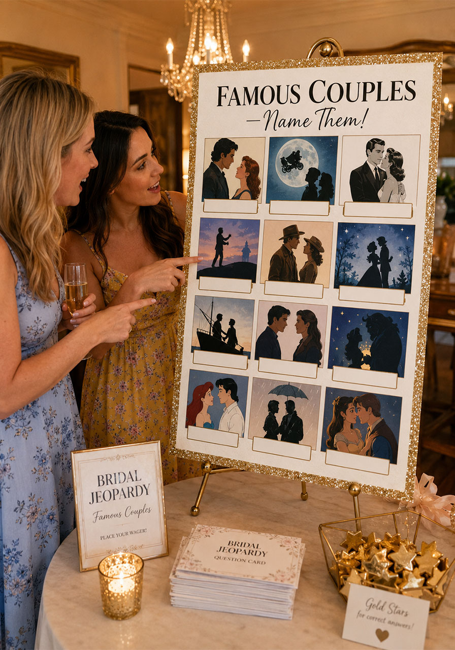 A Famous Couples category display board at a bridal shower Bridal Jeopardy game showing romantic couple silhouettes as trivia clues
