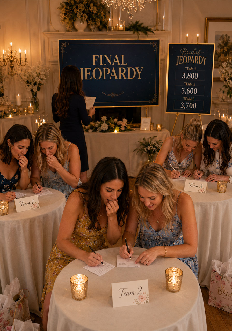 Teams of bridal shower guests writing their secret Final Jeopardy wagers on paper while the host stands by the Final Jeopardy board
