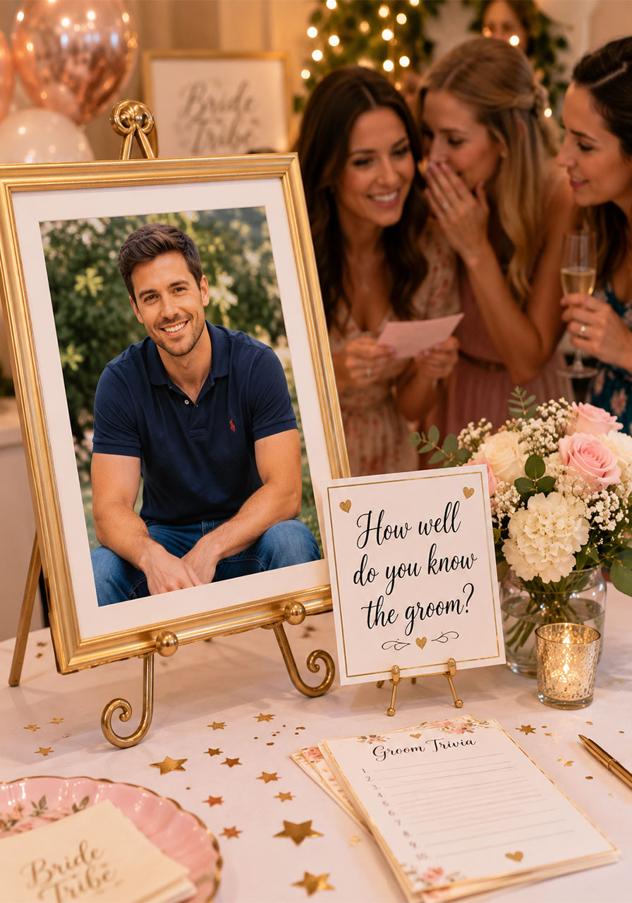 A framed photo of the groom displayed on an easel at a bridal shower for the Groom category of Bridal Jeopardy questions