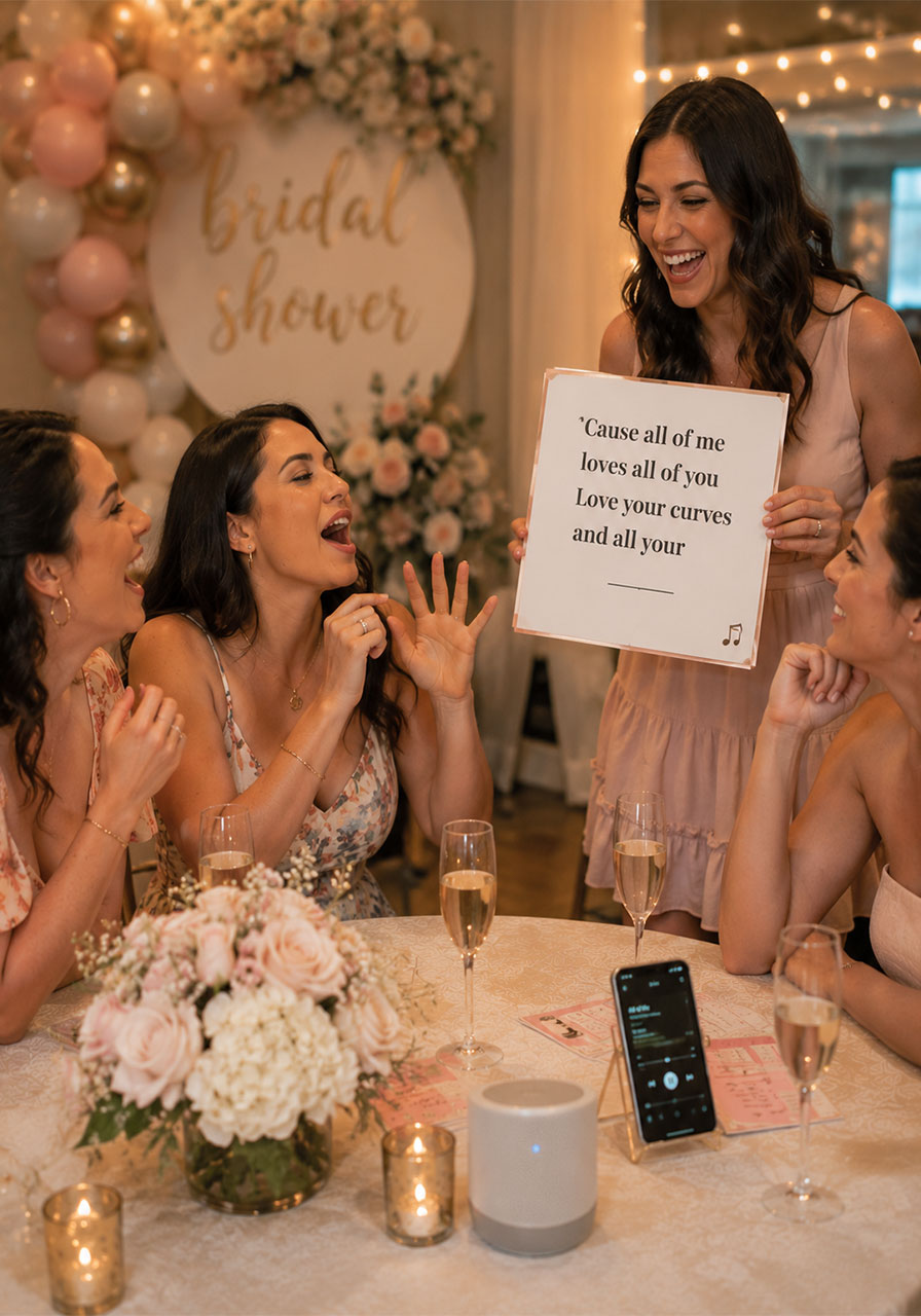 Bridal shower guests laughing and singing answers during the Love Songs category of a Bridal Jeopardy game