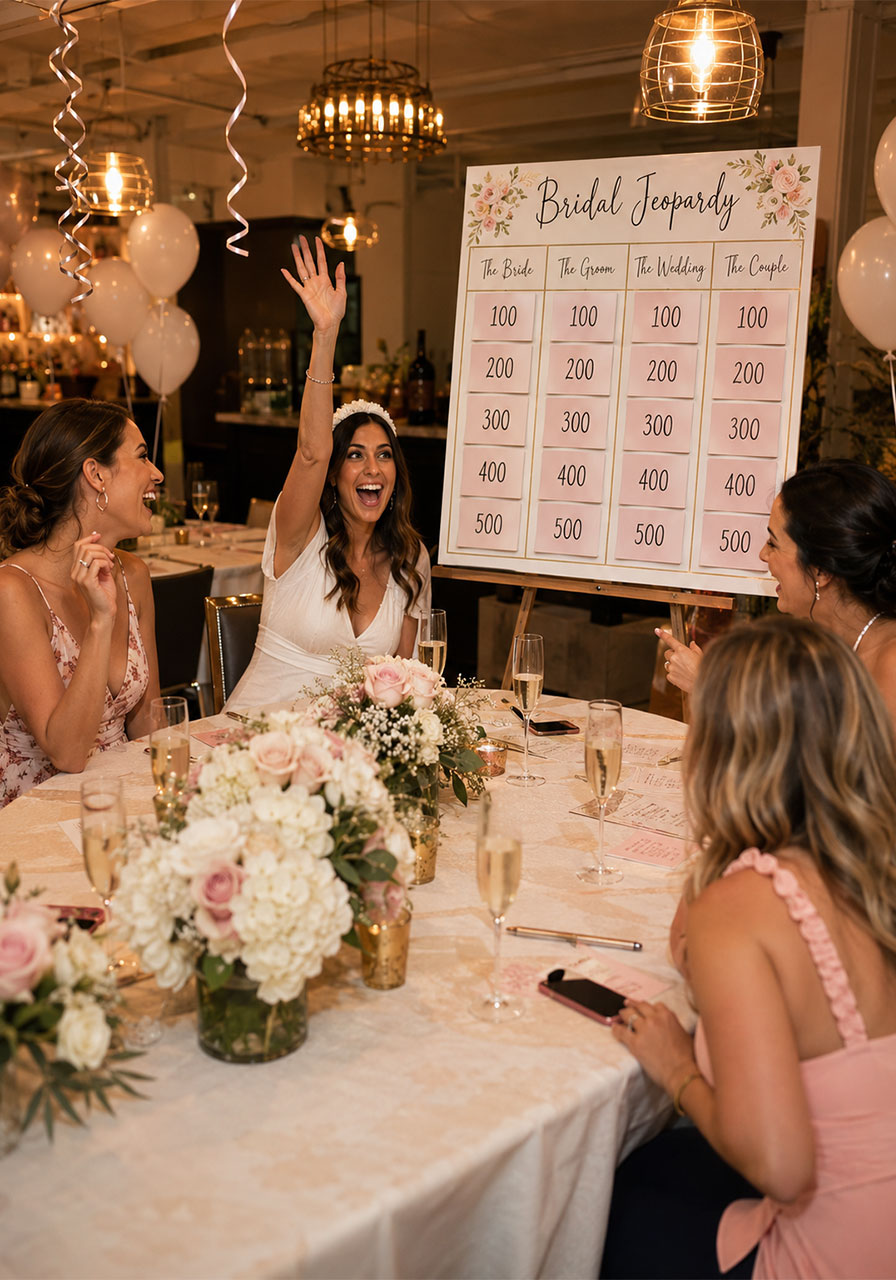 Women playing Bridal Jeopardy at a bridal shower with a decorated game board and champagne glasses on the table