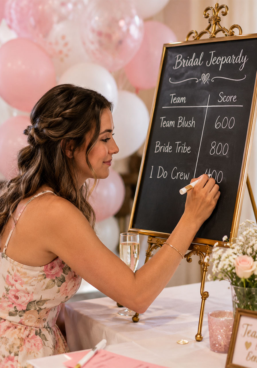 A bridesmaid scorekeeper writing team scores on a chalkboard easel during a Bridal Jeopardy game at a bridal shower