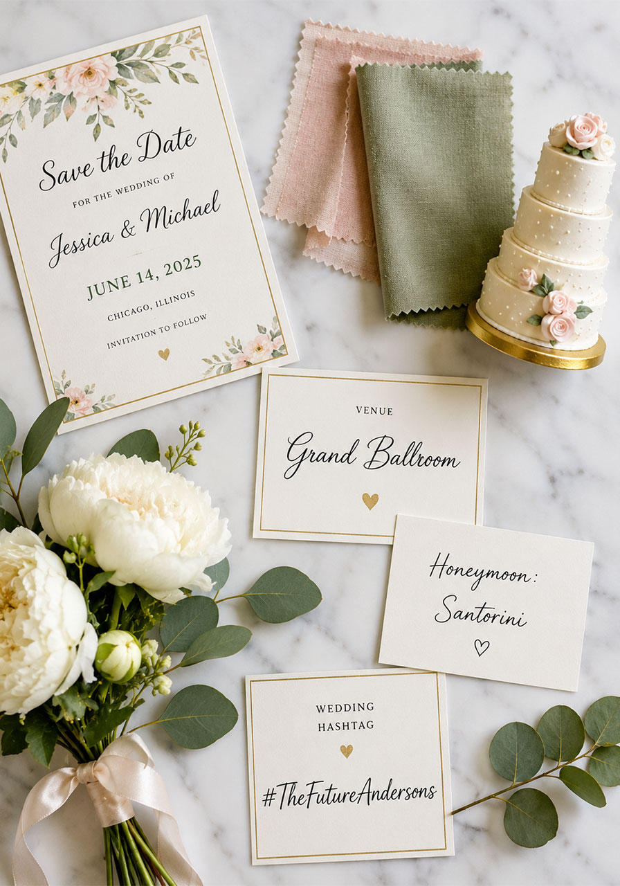 Flat lay of wedding planning details including save-the-date card, venue name, and bouquet used as props for the Wedding category in Bridal Jeopardy