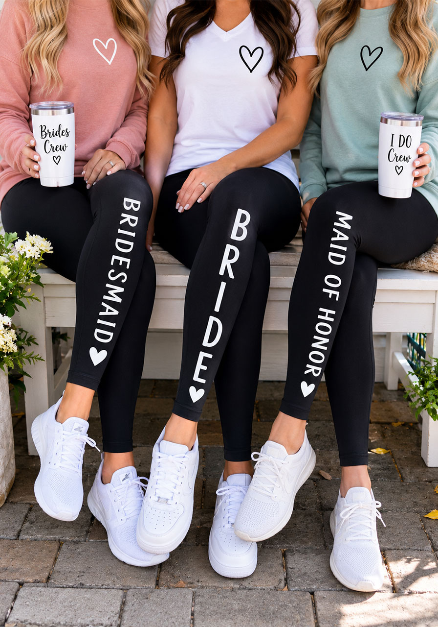 DIY bridal party iron-on leggings made with Cricut vinyl — personalized Bride, Bridesmaid and Maid of Honor gift idea