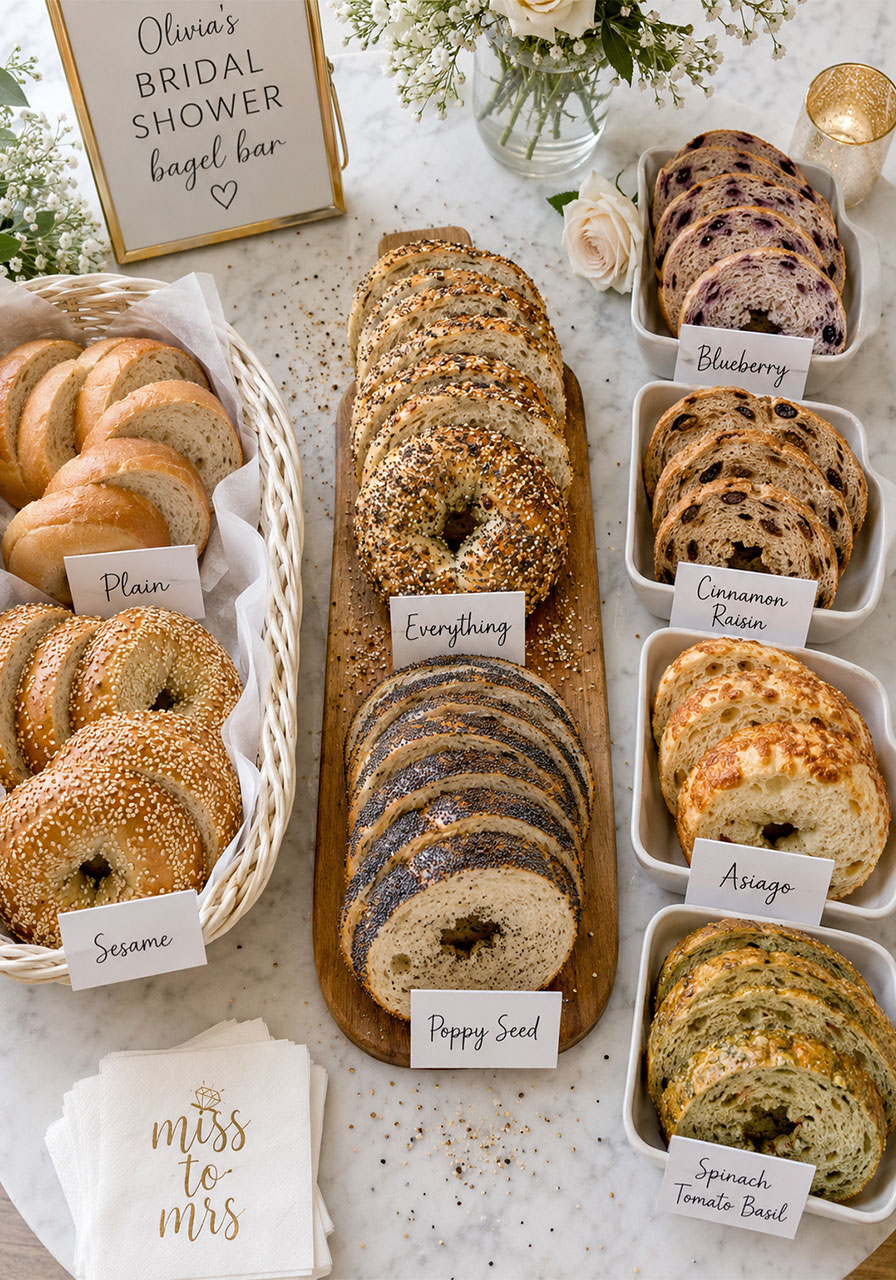 Assorted bagel varieties including plain, everything, blueberry, and cinnamon raisin for a bridal shower bagel bar