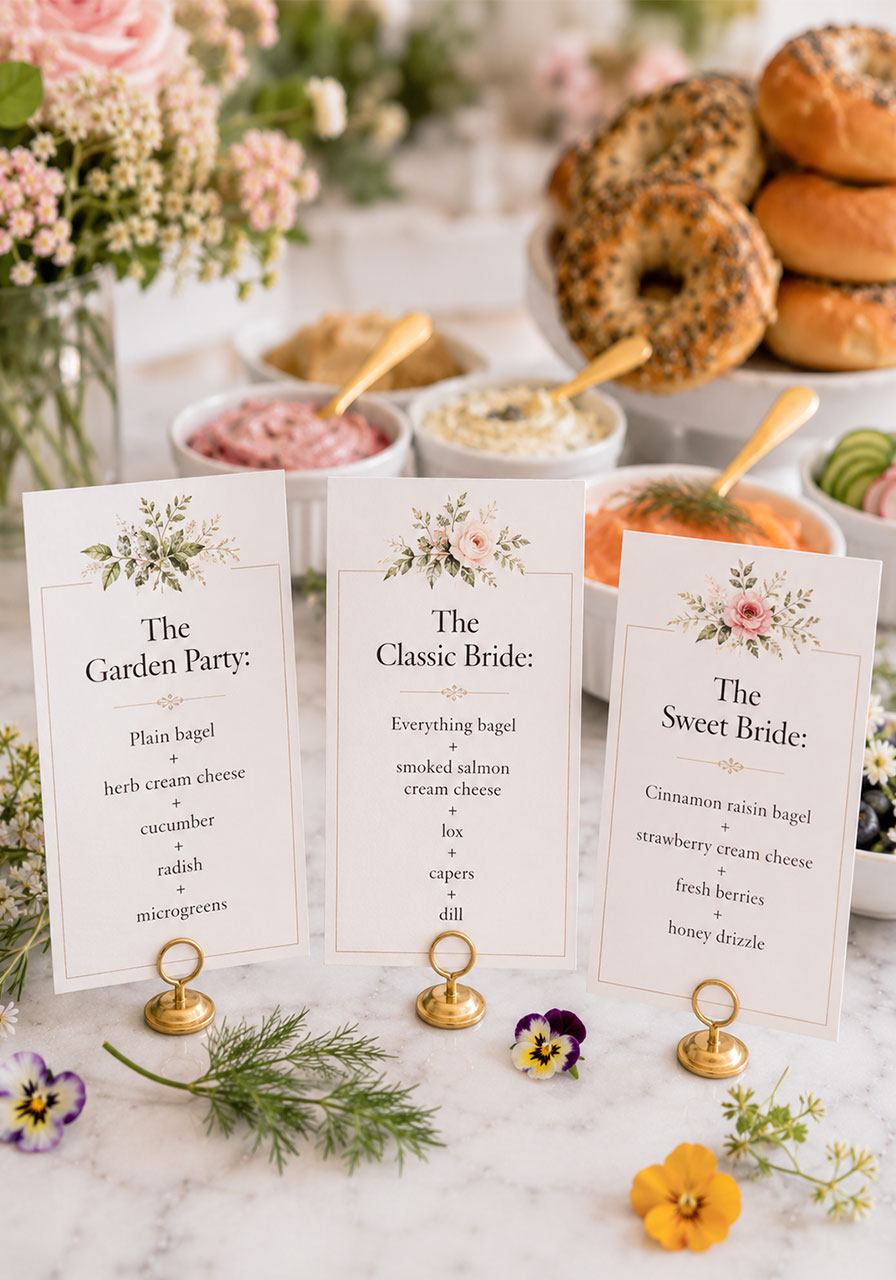 Build your own bagel combination recipe cards on gold stands at a bridal shower bagel bar