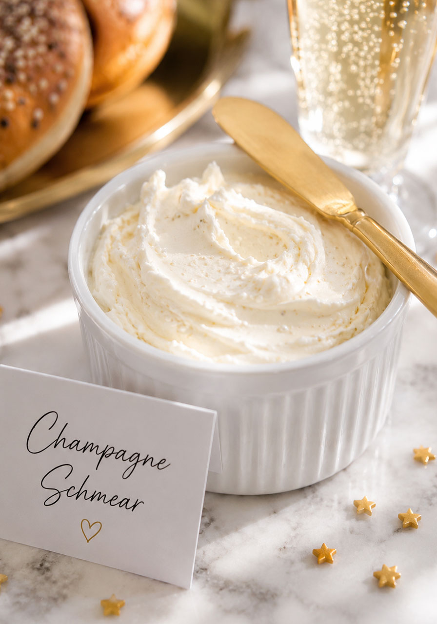 Champagne cream cheese schmear in a white ramekin with gold label for a bridal shower bagel bar