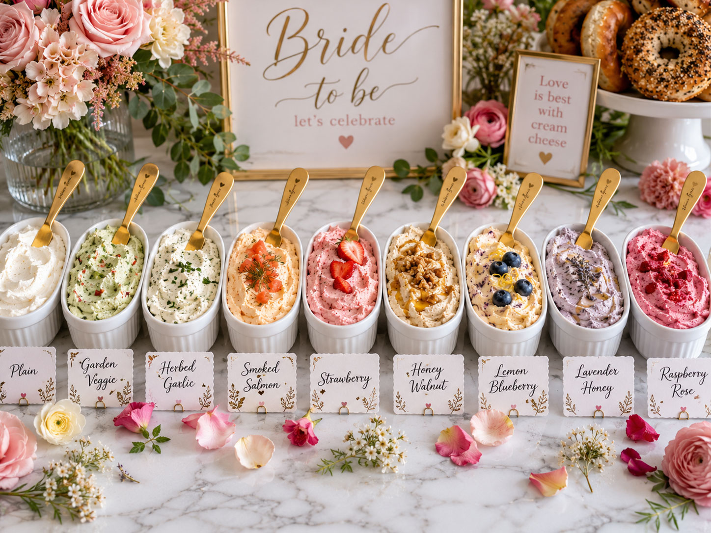 Nine flavored cream cheese spreads in white ramekins lined up for a bridal shower bagel bar including strawberry, lavender honey, and raspberry rose