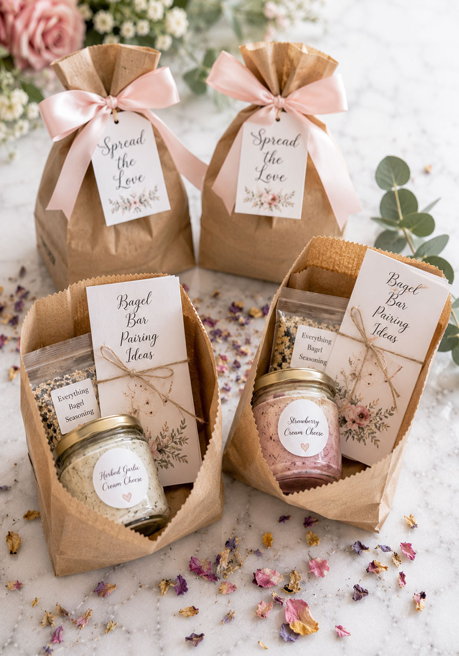 Bridal shower bagel bar favor bags with cream cheese jar, everything bagel seasoning, and Spread the Love tag