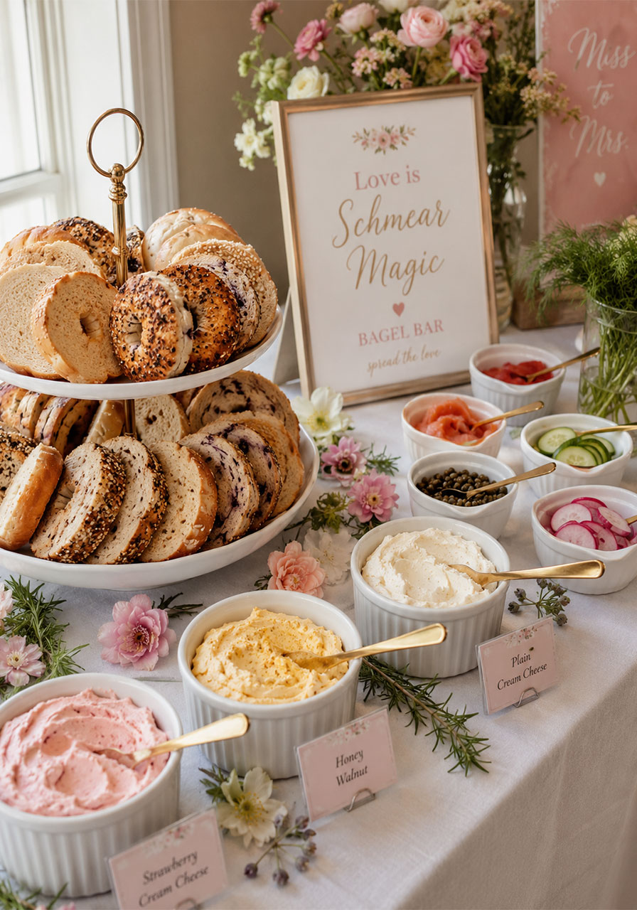 Full bridal shower bagel bar spread with cream cheese, lox, and fresh toppings on a white linen table
