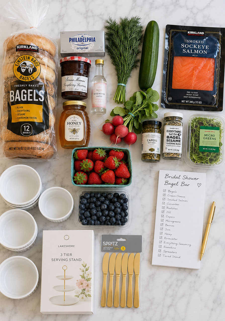 All ingredients and supplies for a bridal shower bagel bar laid out in a flat lay including bagels, cream cheese, lox, and fresh toppings
