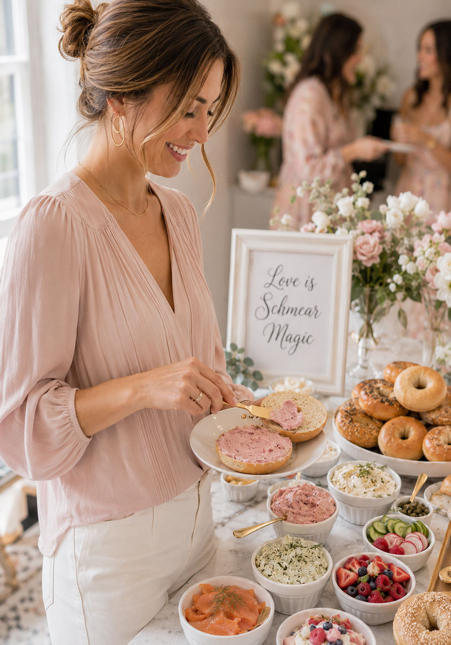 Woman spreading cream cheese on a bagel at a bridal shower bagel bar brunch party