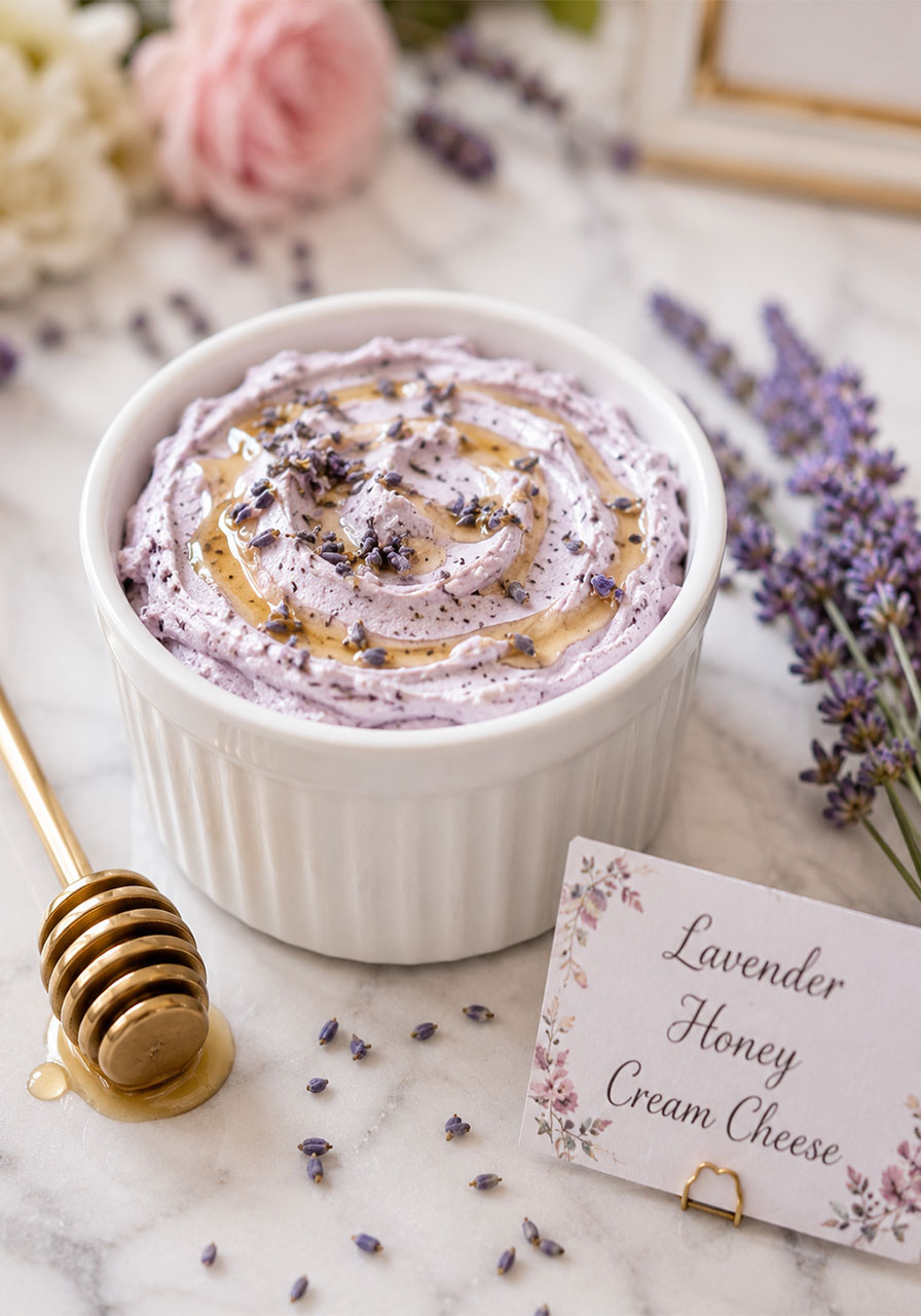Lavender honey cream cheese in a white ramekin with dried lavender garnish for a bridal shower bagel bar