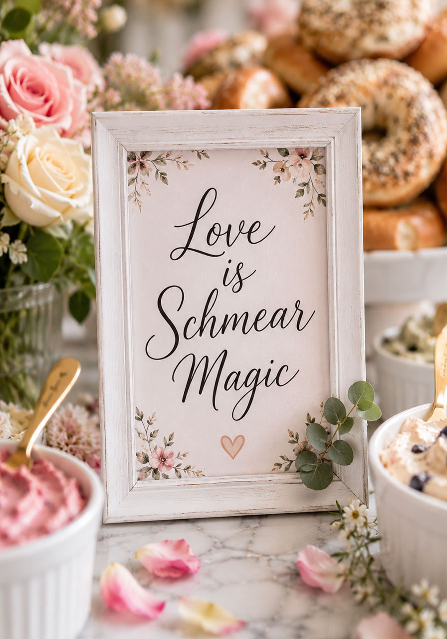 Framed Love is Schmear Magic sign at a bridal shower bagel bar display