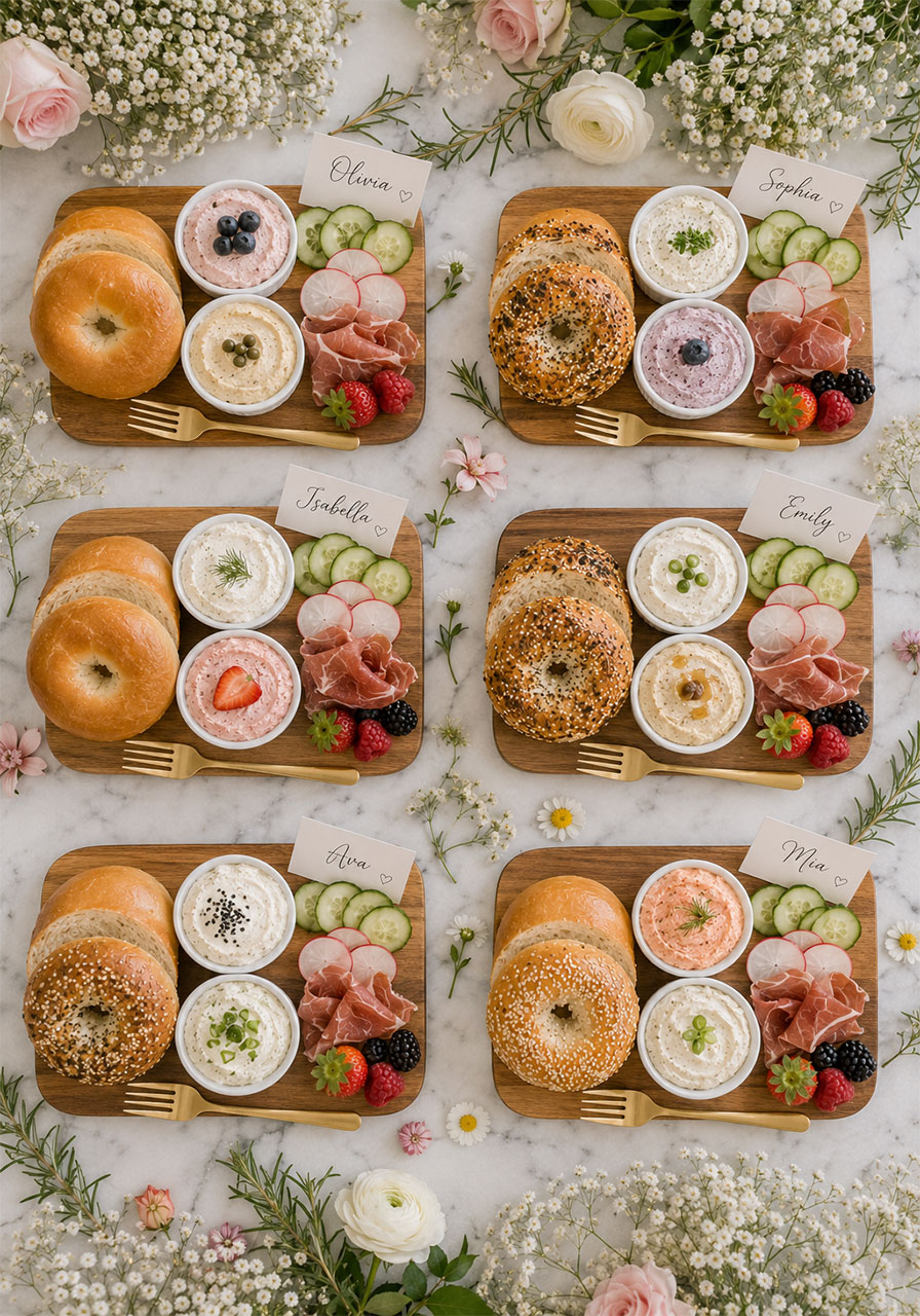 Individual mini bagel charcuterie boards with cream cheese and toppings for each guest at a bridal shower bagel bar