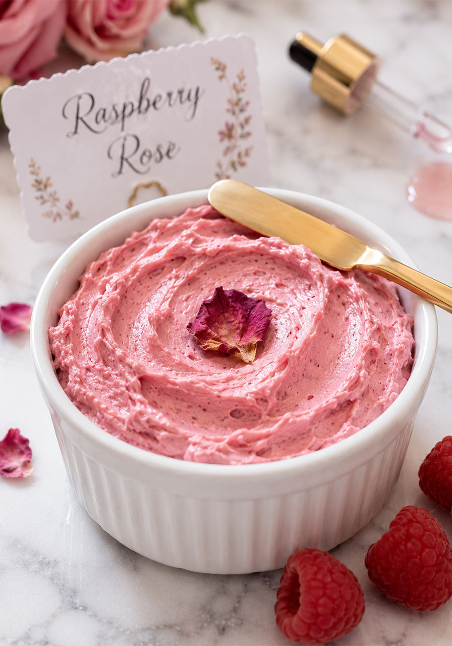 Deep blush raspberry rose cream cheese in white ramekin with edible rose petal garnish for a bridal shower bagel bar