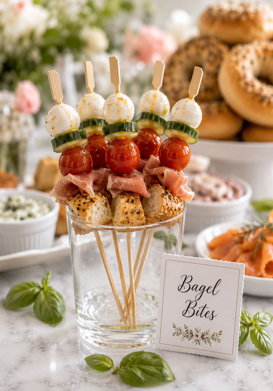 Savory mini bagel skewers with prosciutto, cherry tomato, cucumber, and mozzarella for a bridal shower bagel bar