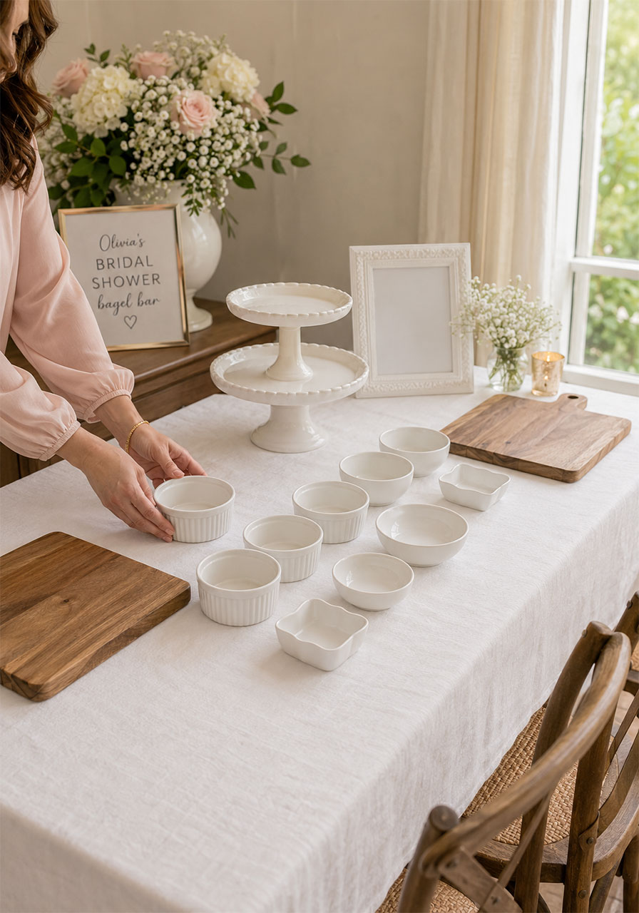 Step by step setup of a bridal shower bagel bar with empty stands and ramekins being placed on a white linen table