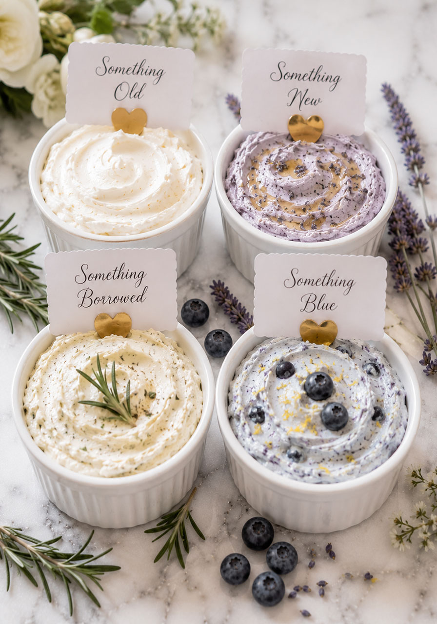 Something Old Something New Something Borrowed Something Blue themed cream cheese spread station for a bridal shower bagel bar