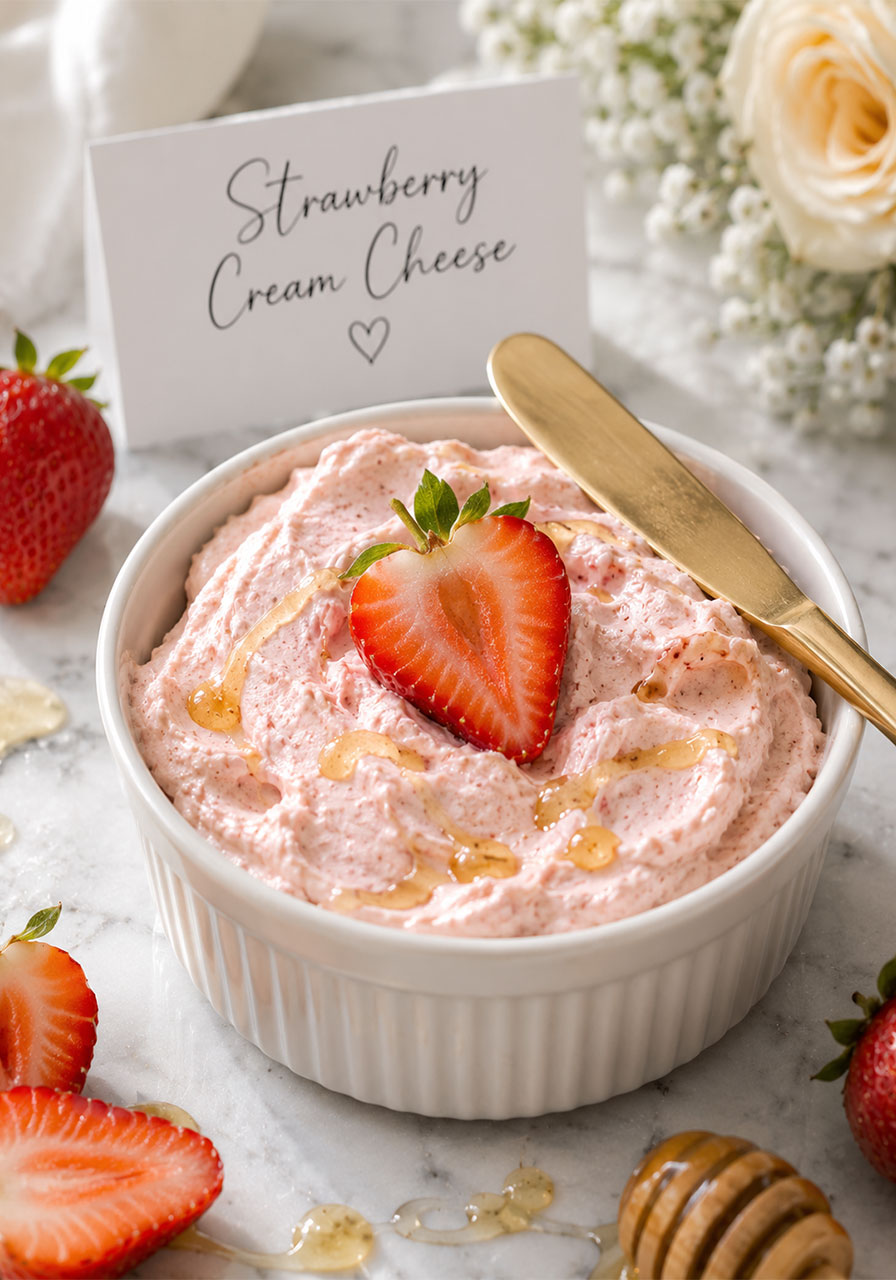 Blush pink strawberry cream cheese in a white ramekin with gold spreader for a bridal shower bagel bar