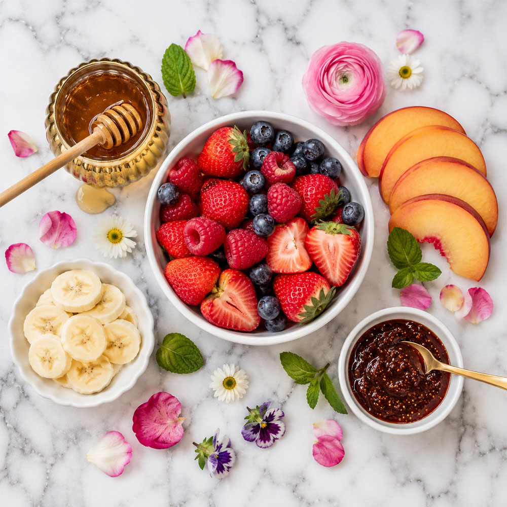 Sweet toppings for a bridal shower bagel bar including fresh berries, honey, peaches, and fig jam