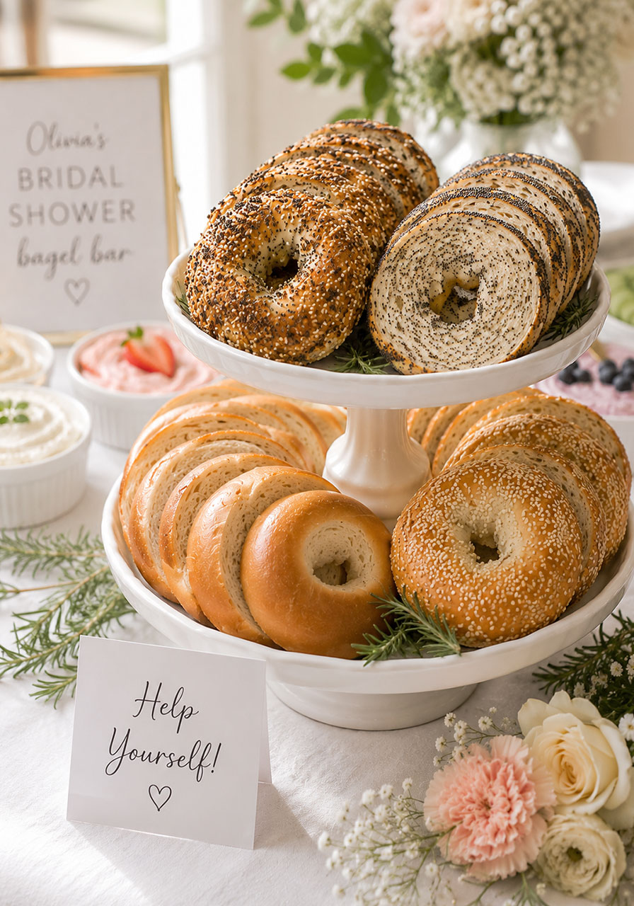 White two-tiered stand filled with assorted bagels styled for a bridal shower bagel bar